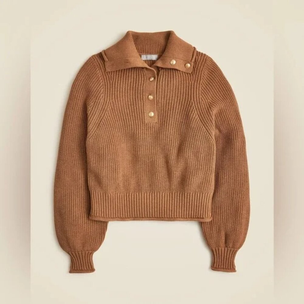 J. Crew Ribbed Cotton Button Collar Tan Brown Sweater - Size Large